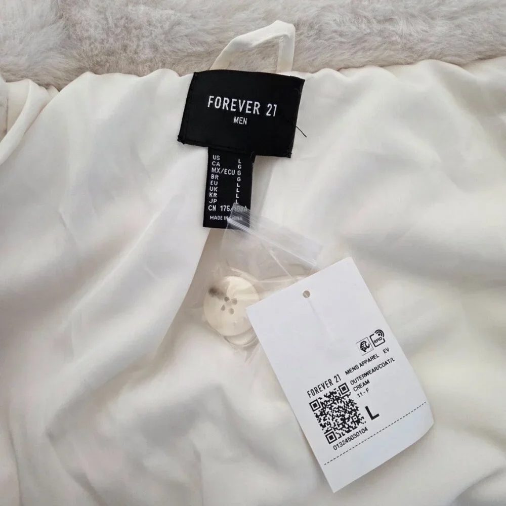 Forever 21‎ Cream Patchwork Faux Fur Coat Men's Large Mob Wife Winter Cozy White